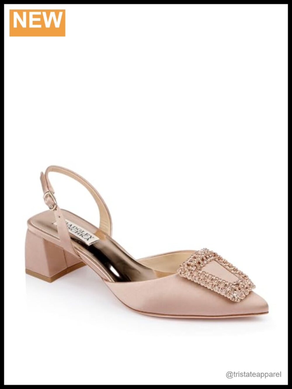 Leather Peep Toe Block Heel Slingback with Crystal Buckle